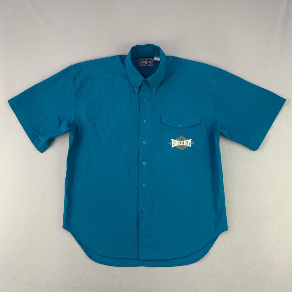 Vintage 90s Bugle Boy Shirt Mens Large Teal Logo Pocket Short Sleeve‎ Button Up